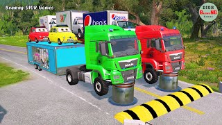 Double Flatbed Trailer Truck vs speed bumpsBusses vs speed bumpsBeamng Drive1018 [upl. by Kcyrred]