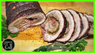 SMOKED PORCHETTA ITALIAN ROAST  Weber Kettle Rotisserie Recipe [upl. by Sokul]