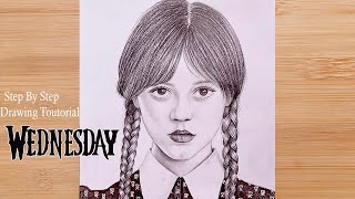 How to Draw Wednesday Addams Drawing Tutorial step by step  Netflix Wednesday [upl. by Ahsikin]