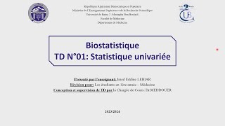 TD 01 Biostatistique  1er Année Médecine 20232024  Prof I Lebiar [upl. by Romo]