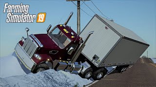 SEMI SLID ON ICE INTO SNOWBANK  COUNTY LINE SEASONS FS19 ROLEPLAY [upl. by Nayt]