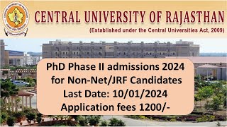 Central University of Rajasthan PhD Admission ll PhD admission 2024 [upl. by Isaacs]