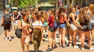 Barcelona Walk of La Rambla  Famous Tourist Street [upl. by Reinnej]