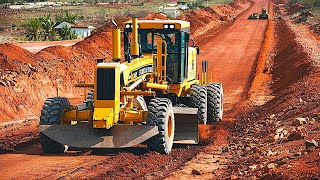 Awesome first foundation road construction site heavy machinery with a grader machine moving ground [upl. by Durwyn]