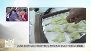 RECETTE  Salade doignons de Roscoff rôtis artichauts crus et fenouils grillés [upl. by Nnyleahs]