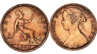 UK 1863 ONE PENNY COIN VALUE  REVIEW [upl. by Mateya]