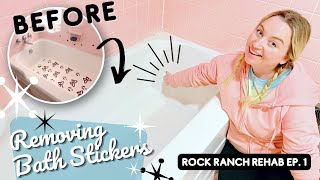 I’m in a sticky situation… Removing DECADES old Bath Stickers yuck  Rock Ranch Rehab Ep1 [upl. by Kirch834]