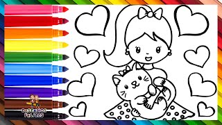 Desenhar e Colorir uma Menina com um Gatinho 👧🐱🌈 Desenhos para Crianças [upl. by Kalvin]