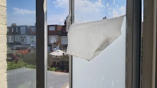 BEST FAST AND EASY WAY TO REMOVE WHITE FROSTED WINDOW FILM IN ONE PIECE [upl. by Learrsi470]