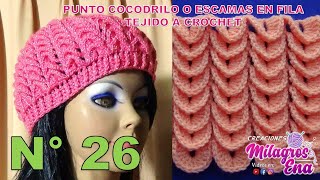 Punto N° 26 tejido a crochet Punto Cocodrilo o escamas en fila paso a paso para gorros [upl. by Cinom]