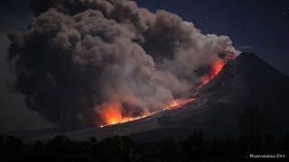 Pyroclastic flows and close up of collapsing lava lobe at night Sinabung Volcano Indonesia [upl. by Ahsiral289]