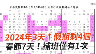 2024年3天↑假期剩4個 春節7天！補班僅有1次 [upl. by Lubin]