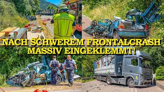 MASSIV EINGEKLEMMT NACH FRONTALCRASH 40TONNER PRALLT FRONTAL IN AUTO  FEUERWEHR  HUBSCHRAUBER [upl. by Barncard]