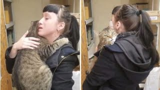 At the shelter the cat hugged the girl tightly and did not want to let go [upl. by Nosle]