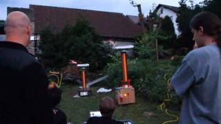 TeslaGrillen 17072010  Dual musical tesla coils play quotRhythm is a Dancerquot  MMC fail [upl. by Richards]