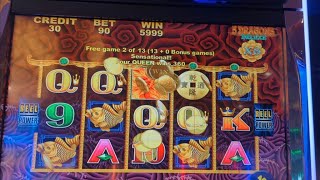 Throwback Thursday5 Dragons Deluxe amazing comeback on last spin 90c bet with retrigger slots [upl. by Leidag]