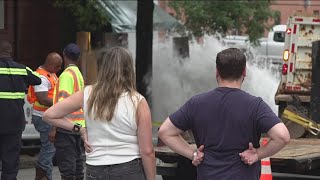 Major water main breaks bust out Midtown restaurants window leaves mess as crews work on repairs [upl. by Nyrem623]