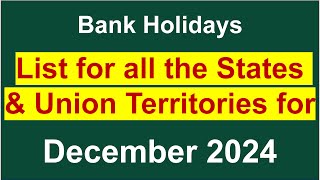 List of Bank Holidays for all States and Union Territories in December 2024 [upl. by Jed]