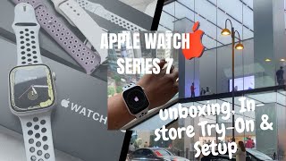 Apple Watch Series 7  45mm Nike Starlight  Unboxing Instore TryOn  Setup [upl. by Je]