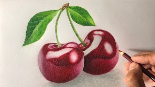 Drawing realistic cherries with prismacolor colored pencils  Timelapse [upl. by Trueman710]