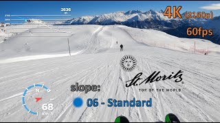 Ski run St Moritz Corviglia  slope 06  Standard part to Corviglia  POV 4K [upl. by Adlih]