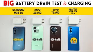 5G BATTERY Drain amp Charging Test 🔋 SAMSUNG M35 5G vs iQOO Z9 vs VIVO T3x vs OnePlus Nord CE 4 Lite [upl. by Leunam]