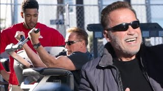 Arnold Schwarzeneggerjoins forces with Jake from State Farmactor Kevin Miles for shoot at gold gym [upl. by Salohcim]