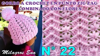 Como tejer el Gorro N° 22 a crochet en punto ZIG ZAG combinado con punto FLORES PEQUEÑAS paso a paso [upl. by Nuarb]