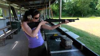 Sarah shooting rifle slugs out of a Mossberg 590A1 [upl. by Hermosa]