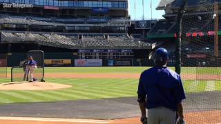 Jeremy Jeffress throws live batting practice for Rangers [upl. by Neyuh930]