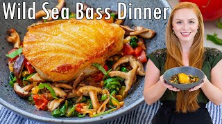 Quick amp Easy Wild Sea Bass Dinner Recipe  with mushroom spinach garlic and tomato medley [upl. by Ettenor]