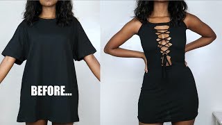 DIY Lace Up Bodycon Dress  TShirt Transformation [upl. by Artekal]