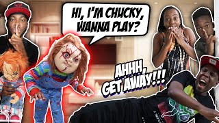 CHUCKY SCARE PRANK ON HUSBAND HILARIOUS  HE FREAKS OUT [upl. by Aliekat]