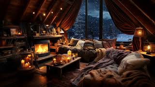 Falling Snow  Winter Cabin with Wind Sounds and Crackling Fire  Relax Sleep Read or Study [upl. by Dublin]