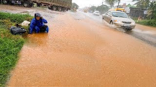 Massive Flooding Road Drains While A Heavy Rain Recuse Drains On Street [upl. by Avilla]