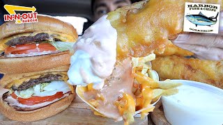 MUKBANG EATING IN N OUT SAUCY ANIMAL STYLE FRIES DOUBLE CHEESEBURGERS CRISPY FISH amp CHIPS ASMR [upl. by Lisab]