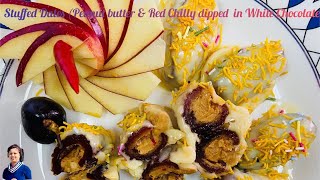 Dates Stuffed with Peanut butterRed Chilly dipped in White Chocolate dessert stuffeddates dates [upl. by Pinkerton379]