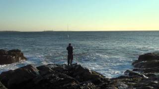 Gloucester MA 101511 Rare Blue fish fishing in the not so fall run 0 Striped bass big waves amp surf [upl. by Anivas]