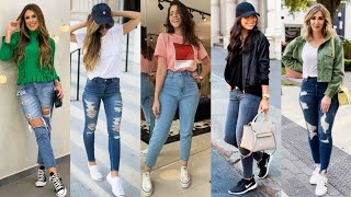 OUTFITS CASUALES CON JEANS Y TENIS EN TENDENCIA 20212022  HERMOSOS OUTFITS CON TENIS Y JEANS [upl. by Brock]