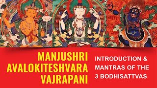 3 great Bodhisattvas Manjushri Avalokiteshvara and Vajrapani — mantras and introduction [upl. by Nnaaihtnyc]