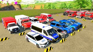 TRANSPORTING CARS AMBULANCE POLICE CARS FIRE TRUCK MONSTER TRUCK OF COLORS WITH TRUCKS  FS 22 [upl. by Anattar]