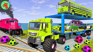 Double Flatbed Trailer Truck vs Speedbumps Train vs Cars  Tractor vs Train BeamngDrive [upl. by Nirej422]