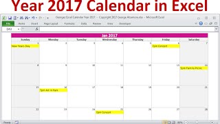 Year 2017 Calendar in Excel  Full Year 2017 Calendar  2017 Monthly Calendars  Holidays  Birthday [upl. by Tarabar520]