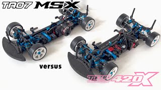 Tamiya TRF420X vs TA07MSX  MidRear Motor vs MidMotor [upl. by Sirotek]