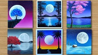 Full Moon  6 Easy Moonlight scenery painting for Beginners  Acrylic Painting [upl. by Garris]