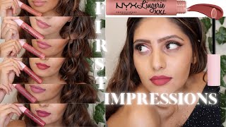 NEW NYX LIP LINGERIE XXL MATTE LIQUID LIPSTICK SWATCHES  MEDIUMBROWNOLIVE SKIN ❤ [upl. by Adao]