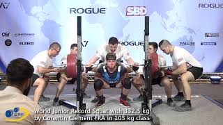 World Junior Record Squat with 3325 kg by Corentin Clement FRA in 105 kg class [upl. by Correy]