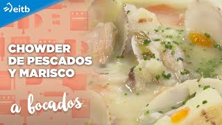 A BOCADOS Chowder de pescados y marisco  Sardinas con gruyer y cebolla crujiente [upl. by Khai]