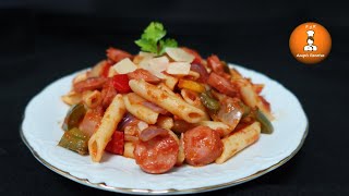 Macarrones con pimientos y salchichas  Receta de pasta con salchichas y pimientos  ampisrecetas [upl. by Ayekin]