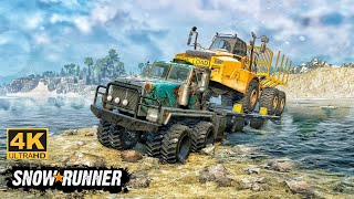 Transporting Caterpillar 745C With Western Star 6900 On River Road In SnowRunner snowrunner truck [upl. by Yadrahs]